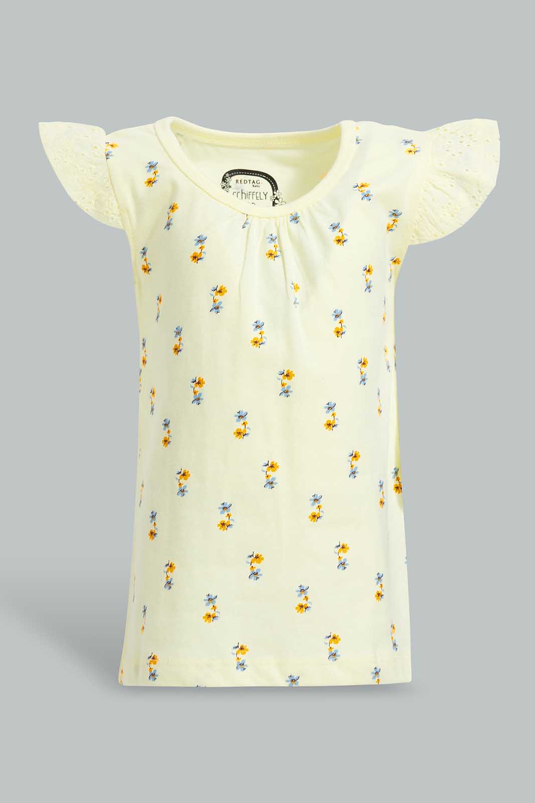 Redtag-Yellow-Schiffly-Slvs-Floral-AOP-Jersey-Top-Category:Blouses,-Colour:Yellow,-Deals:New-In,-Filter:Infant-Girls-(3-to-24-Mths),-ING-Blouses,-New-In-ING-APL,-Non-Sale,-Section:Girls-(0-to-14Yrs),-TBL,-W22O-Infant-Girls-3 to 24 Months