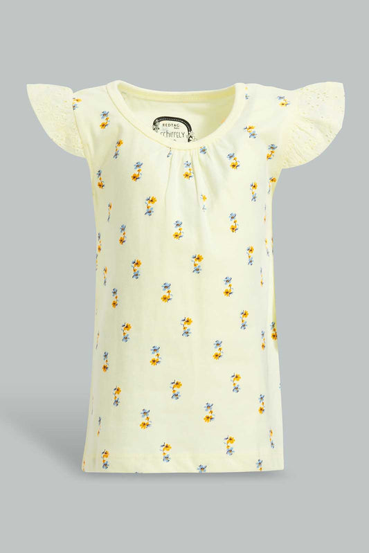 Redtag-Yellow-Schiffly-Slvs-Floral-AOP-Jersey-Top-Category:Blouses,-Colour:Yellow,-Deals:New-In,-Filter:Infant-Girls-(3-to-24-Mths),-ING-Blouses,-New-In-ING-APL,-Non-Sale,-Section:Girls-(0-to-14Yrs),-TBL,-W22O-Infant-Girls-3 to 24 Months