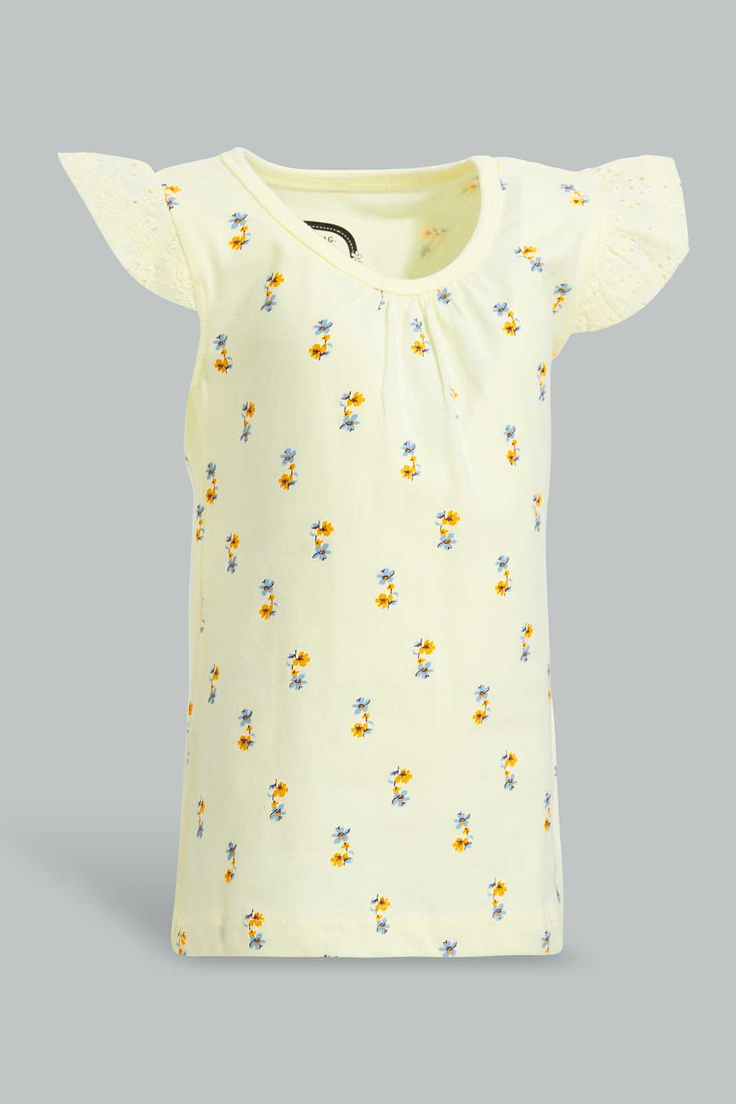 Redtag-Yellow-Schiffly-Slvs-Floral-AOP-Jersey-Top-Category:Blouses,-Colour:Yellow,-Deals:New-In,-Filter:Infant-Girls-(3-to-24-Mths),-ING-Blouses,-New-In-ING-APL,-Non-Sale,-Section:Girls-(0-to-14Yrs),-TBL,-W22O-Infant-Girls-3 to 24 Months