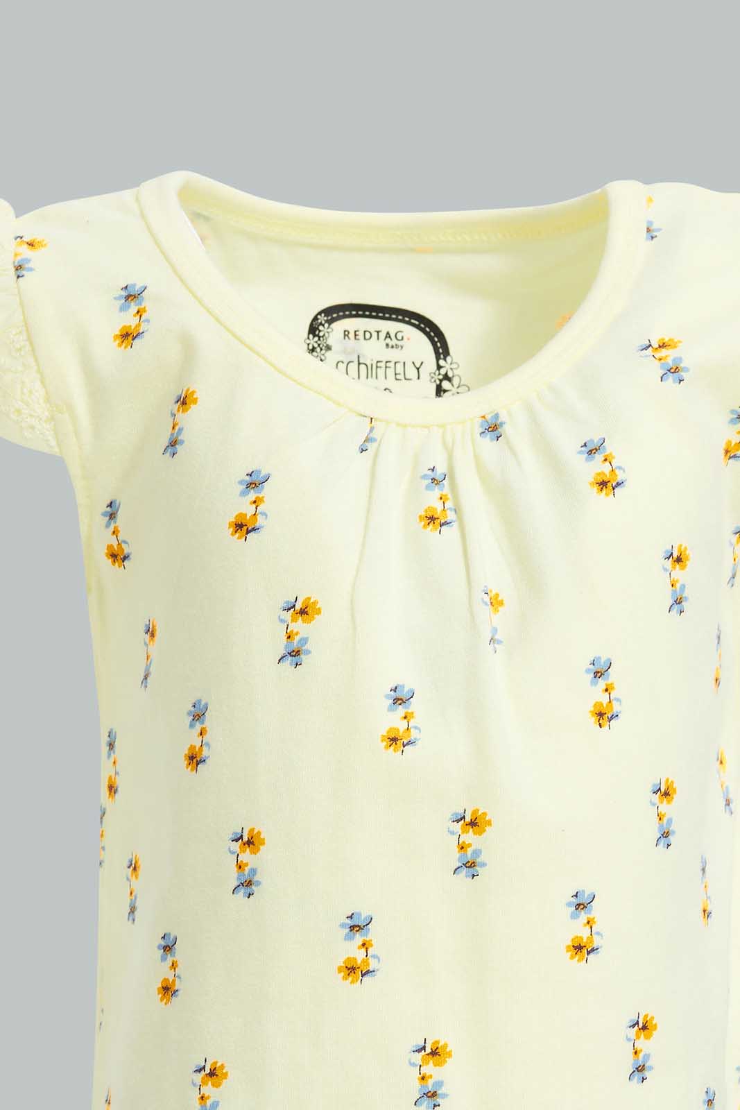 Redtag-Yellow-Schiffly-Slvs-Floral-AOP-Jersey-Top-Category:Blouses,-Colour:Yellow,-Deals:New-In,-Filter:Infant-Girls-(3-to-24-Mths),-ING-Blouses,-New-In-ING-APL,-Non-Sale,-Section:Girls-(0-to-14Yrs),-TBL,-W22O-Infant-Girls-3 to 24 Months