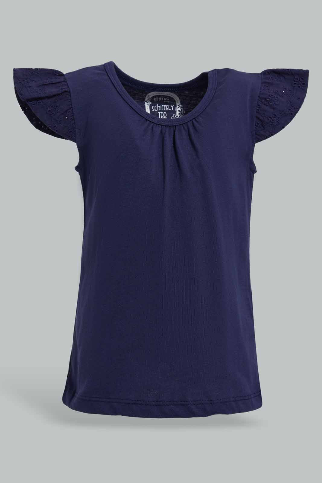 Redtag-Navy-Schiffly-Slvs-Solid-Jersey-Top-Category:Blouses,-Colour:Navy,-Deals:New-In,-Filter:Infant-Girls-(3-to-24-Mths),-ING-Blouses,-New-In-ING-APL,-Non-Sale,-Section:Girls-(0-to-14Yrs),-TBL,-W22O-Infant-Girls-3 to 24 Months