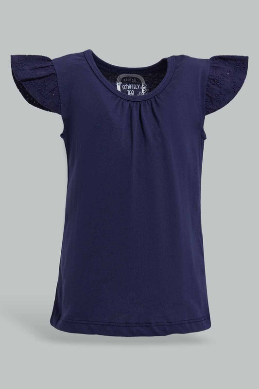 Redtag-Navy-Schiffly-Slvs-Solid-Jersey-Top-Category:Blouses,-Colour:Navy,-Deals:New-In,-Filter:Infant-Girls-(3-to-24-Mths),-ING-Blouses,-New-In-ING-APL,-Non-Sale,-Section:Girls-(0-to-14Yrs),-TBL,-W22O-Infant-Girls-3 to 24 Months