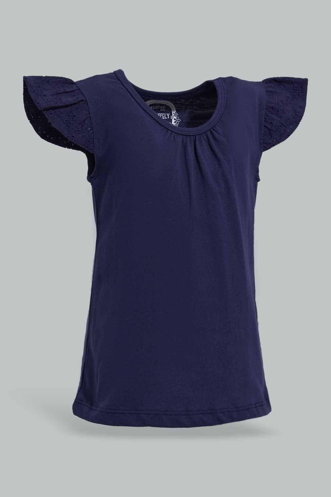 Redtag-Navy-Schiffly-Slvs-Solid-Jersey-Top-Category:Blouses,-Colour:Navy,-Deals:New-In,-Filter:Infant-Girls-(3-to-24-Mths),-ING-Blouses,-New-In-ING-APL,-Non-Sale,-Section:Girls-(0-to-14Yrs),-TBL,-W22O-Infant-Girls-3 to 24 Months