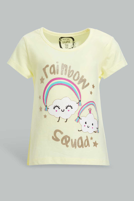 Redtag-Yellow-Rainbow-Graphic-Print-T-Shirt-Category:T-Shirts,-Colour:Yellow,-Deals:New-In,-Filter:Infant-Girls-(3-to-24-Mths),-ING-T-Shirts,-New-In-ING-APL,-Non-Sale,-Section:Girls-(0-to-14Yrs),-TBL,-W22O-Infant-Girls-3 to 24 Months