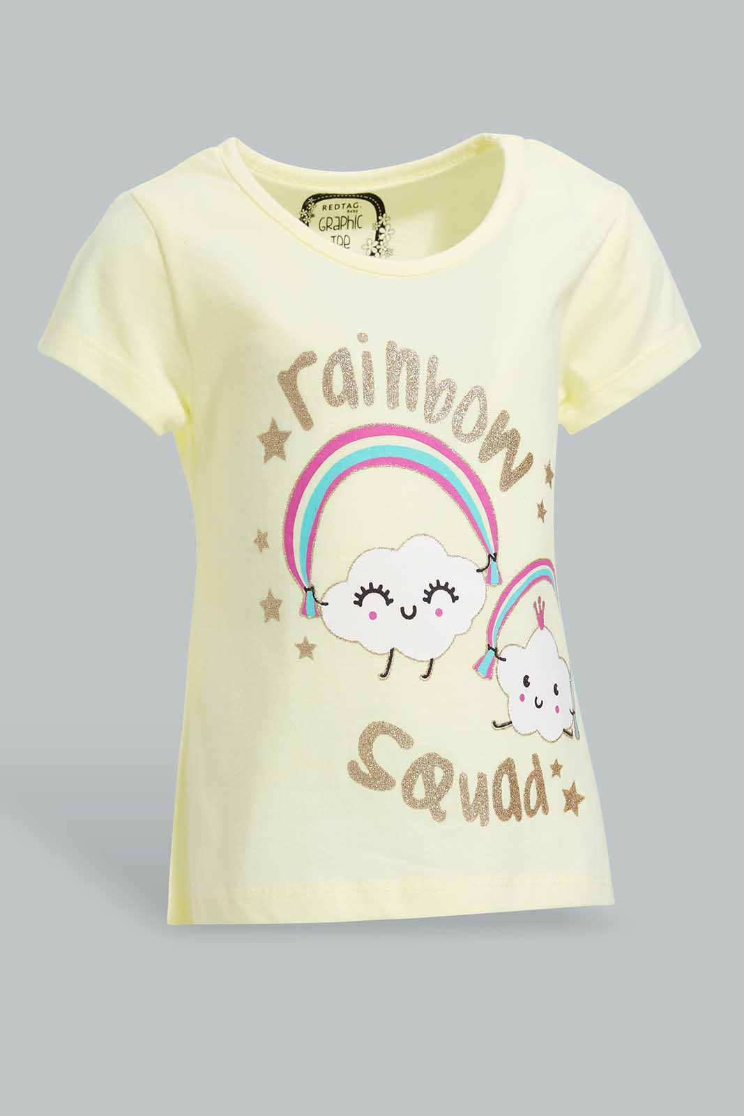 Redtag-Yellow-Rainbow-Graphic-Print-T-Shirt-Category:T-Shirts,-Colour:Yellow,-Deals:New-In,-Filter:Infant-Girls-(3-to-24-Mths),-ING-T-Shirts,-New-In-ING-APL,-Non-Sale,-Section:Girls-(0-to-14Yrs),-TBL,-W22O-Infant-Girls-3 to 24 Months