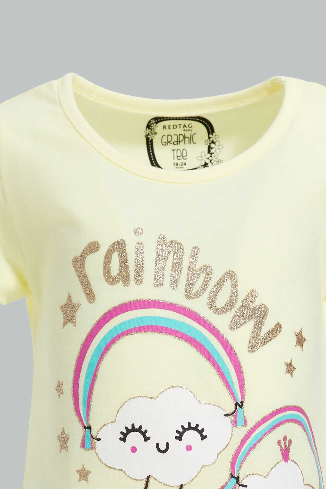 Redtag-Yellow-Rainbow-Graphic-Print-T-Shirt-Category:T-Shirts,-Colour:Yellow,-Deals:New-In,-Filter:Infant-Girls-(3-to-24-Mths),-ING-T-Shirts,-New-In-ING-APL,-Non-Sale,-Section:Girls-(0-to-14Yrs),-TBL,-W22O-Infant-Girls-3 to 24 Months