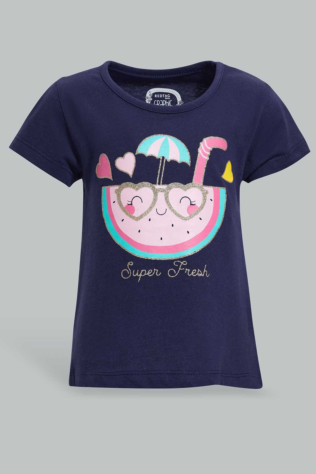 Redtag-Navy-Watermelon-Graphic-Print-T-Shirt-Category:T-Shirts,-Colour:Navy,-Deals:New-In,-Filter:Infant-Girls-(3-to-24-Mths),-ING-T-Shirts,-New-In-ING-APL,-Non-Sale,-Section:Girls-(0-to-14Yrs),-TBL,-W22O-Infant-Girls-3 to 24 Months