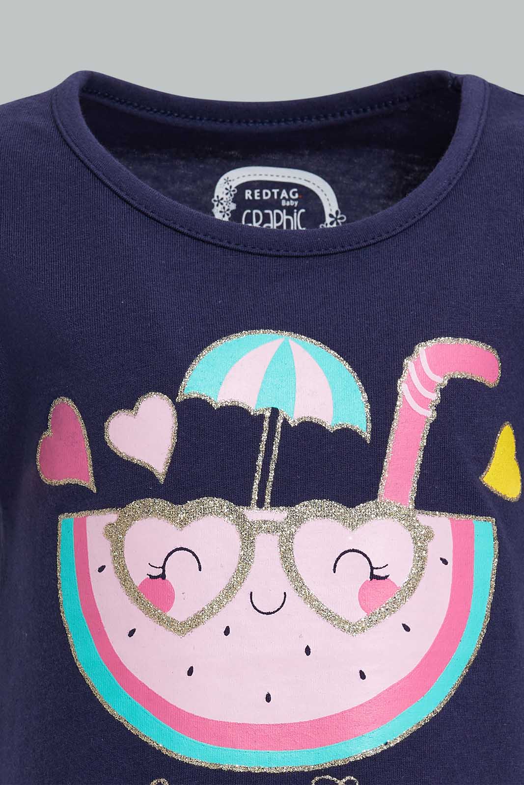 Redtag-Navy-Watermelon-Graphic-Print-T-Shirt-Category:T-Shirts,-Colour:Navy,-Deals:New-In,-Filter:Infant-Girls-(3-to-24-Mths),-ING-T-Shirts,-New-In-ING-APL,-Non-Sale,-Section:Girls-(0-to-14Yrs),-TBL,-W22O-Infant-Girls-3 to 24 Months