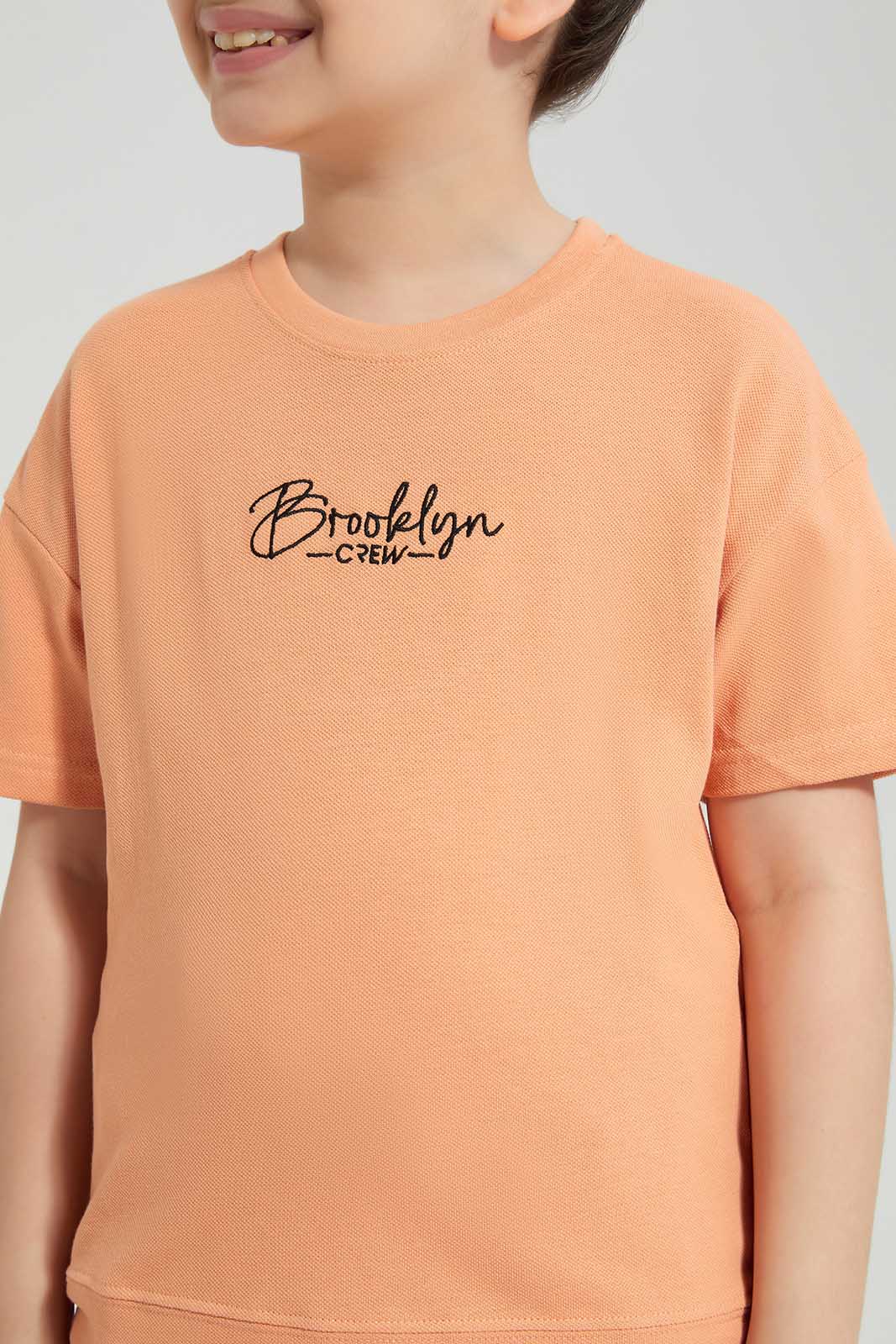 Redtag-Peach-Embroidered-Oversize-SS-T-Shirt-BOY-T-Shirts,-Category:T-Shirts,-Colour:Apricot,-Deals:New-In,-Filter:Boys-(2-to-8-Yrs),-New-In-BOY,-Non-Sale,-Section:Boys-(0-to-14Yrs),-TBL,-W22O-Boys-2 to 8 Years