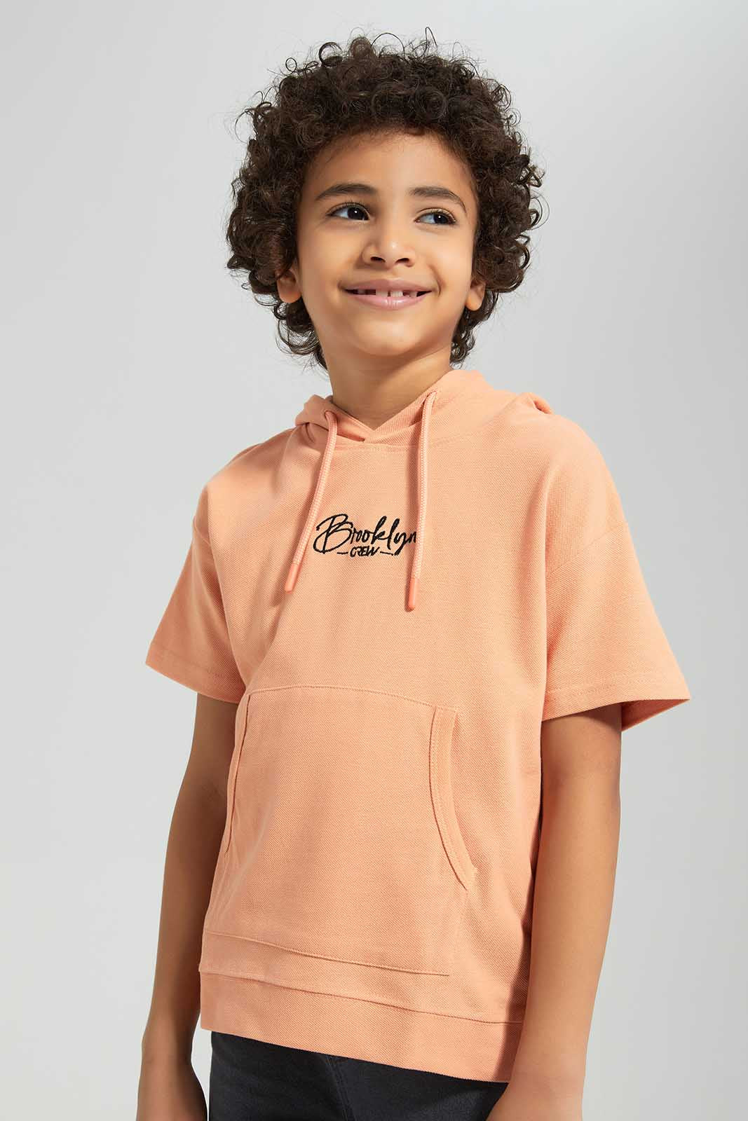 Redtag-Peach-Pique-Oversize-Hooded-T-Shirt-BOY-T-Shirts,-Category:T-Shirts,-Colour:Apricot,-Deals:New-In,-Filter:Boys-(2-to-8-Yrs),-New-In-BOY,-Non-Sale,-Section:Boys-(0-to-14Yrs),-TBL,-W22O-Boys-2 to 8 Years