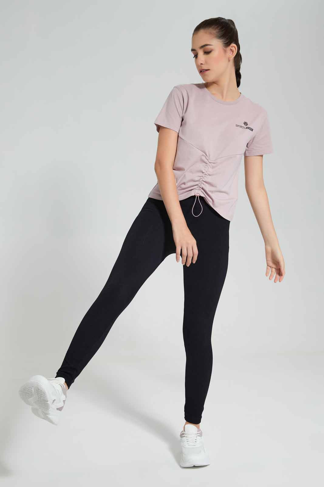 Redtag-Pink-Active-T-Shirt-With-Ruching-At-Centre-And-Print-At-Back-Category:Sweatshirts,-Colour:Apricot,-Deals:New-In,-Filter:Women's-Clothing,-New-In-Women-APL,-Non-Sale,-Section:Women,-W22O,-Women-Sweatshirts-Women's-