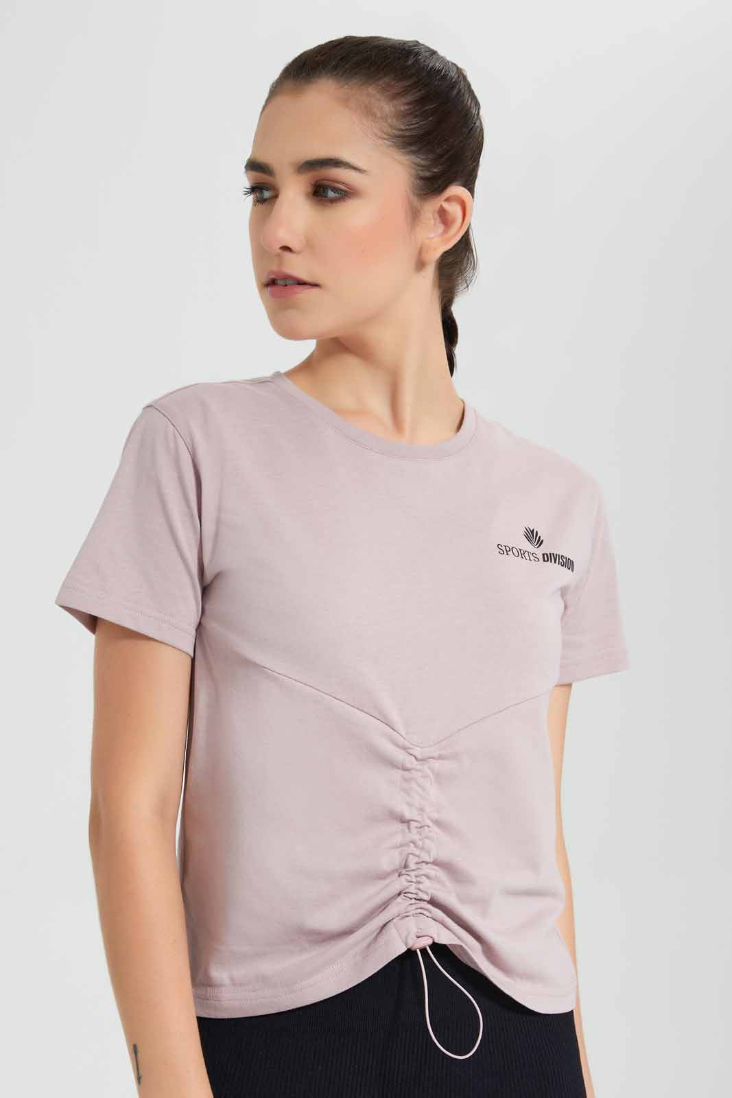 Redtag-Pink-Active-T-Shirt-With-Ruching-At-Centre-And-Print-At-Back-Category:Sweatshirts,-Colour:Apricot,-Deals:New-In,-Filter:Women's-Clothing,-New-In-Women-APL,-Non-Sale,-Section:Women,-W22O,-Women-Sweatshirts-Women's-