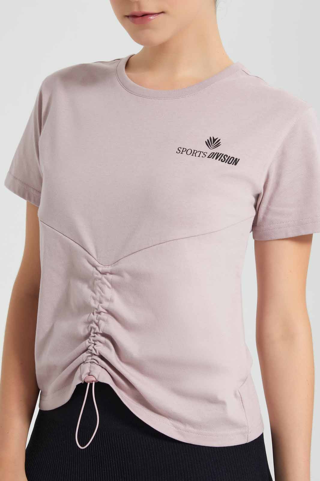Redtag-Pink-Active-T-Shirt-With-Ruching-At-Centre-And-Print-At-Back-Category:Sweatshirts,-Colour:Apricot,-Deals:New-In,-Filter:Women's-Clothing,-New-In-Women-APL,-Non-Sale,-Section:Women,-W22O,-Women-Sweatshirts-Women's-