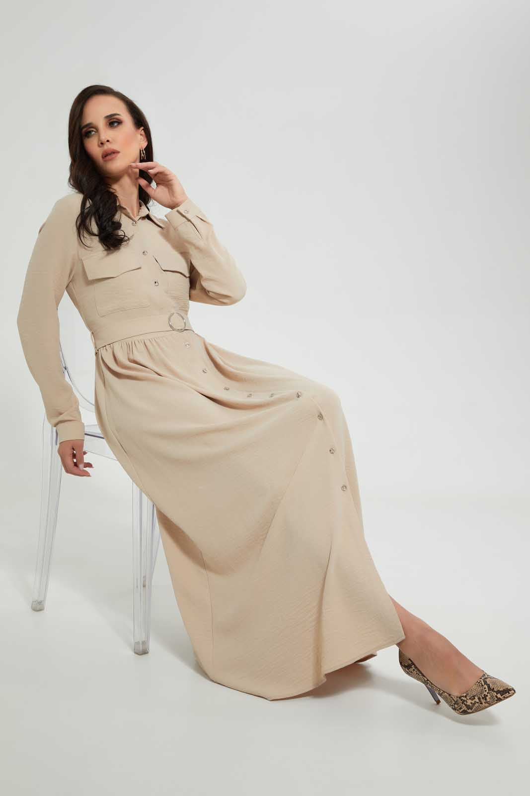 Redtag-Cream-Long-Shit-Dress-With-Belt-In-Longsleeves-Dresses--