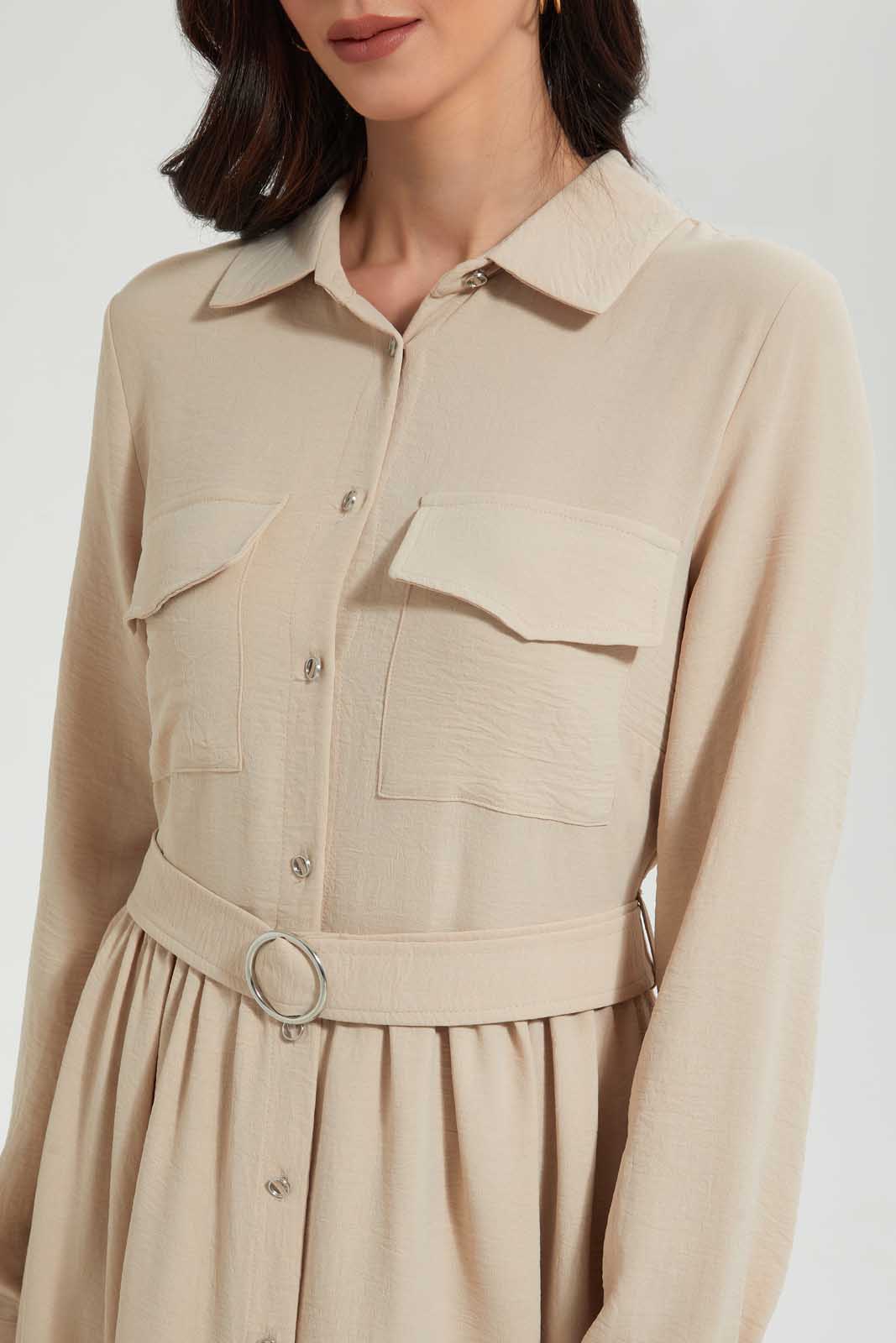 Redtag-Cream-Long-Shit-Dress-With-Belt-In-Longsleeves-Dresses--