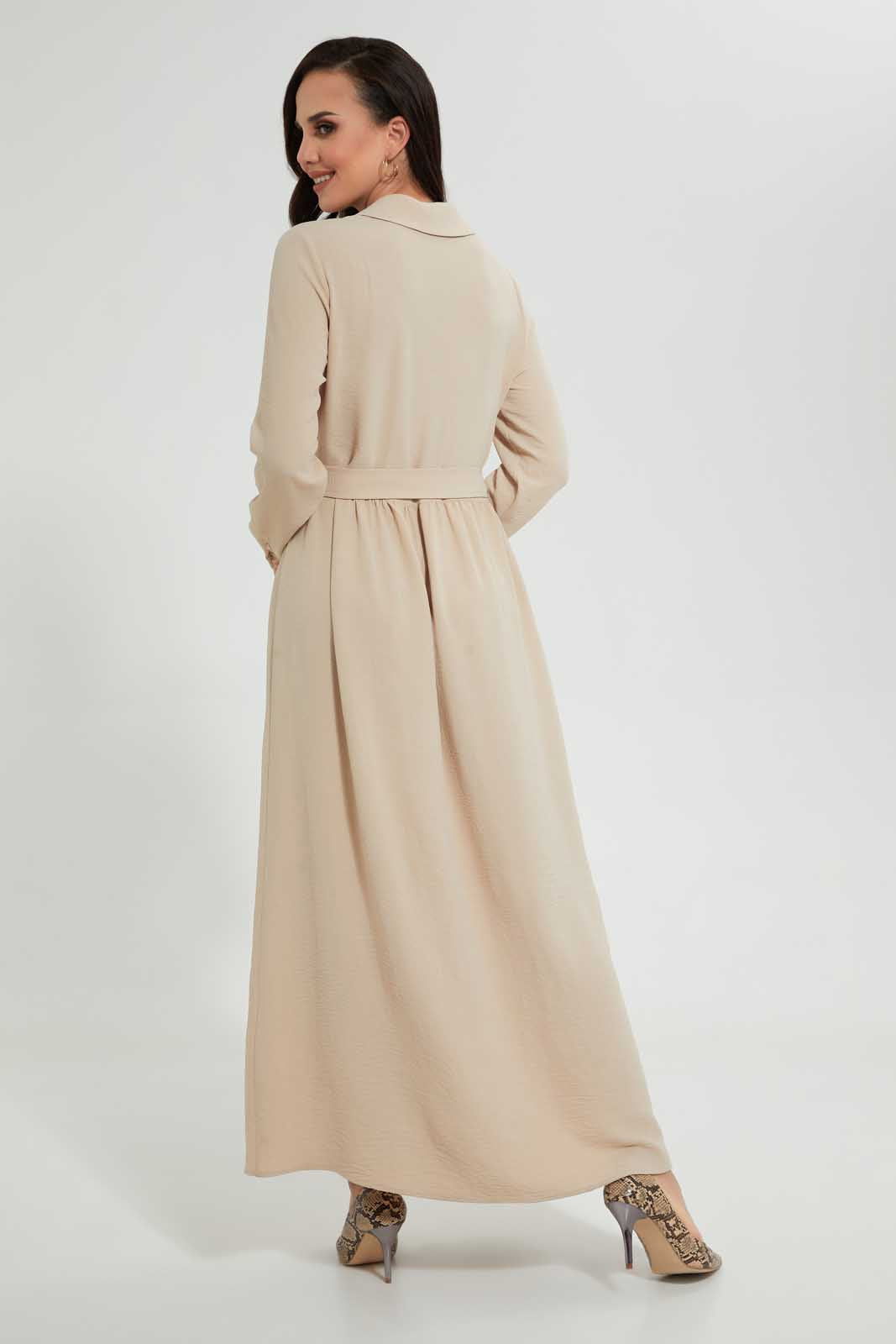 Redtag-Cream-Long-Shit-Dress-With-Belt-In-Longsleeves-Dresses--