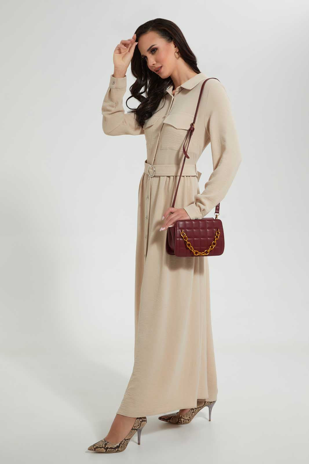 Redtag-Cream-Long-Shit-Dress-With-Belt-In-Longsleeves-Dresses--