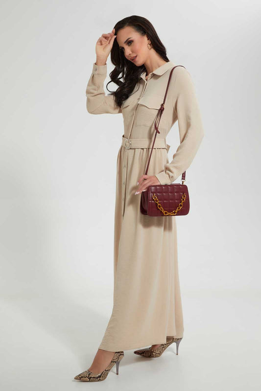 Redtag-Cream-Long-Shit-Dress-With-Belt-In-Longsleeves-Dresses--
