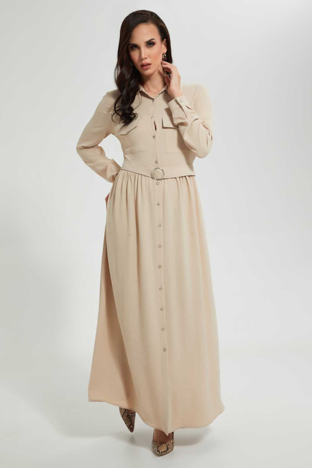 Redtag-Cream-Long-Shit-Dress-With-Belt-In-Longsleeves-Dresses--