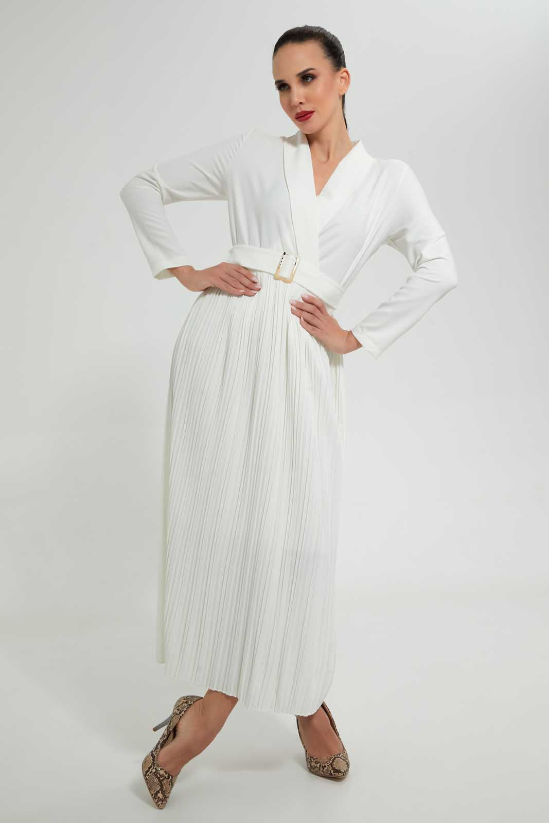 Redtag-Cream-Long-Dress-With-Belt-In-Longsleeves-Dresses--