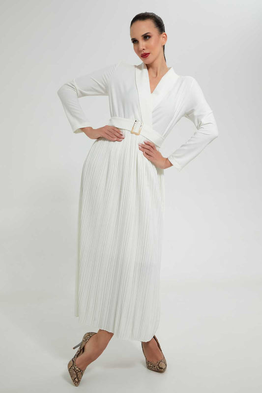 Redtag-Cream-Long-Dress-With-Belt-In-Longsleeves-Dresses--