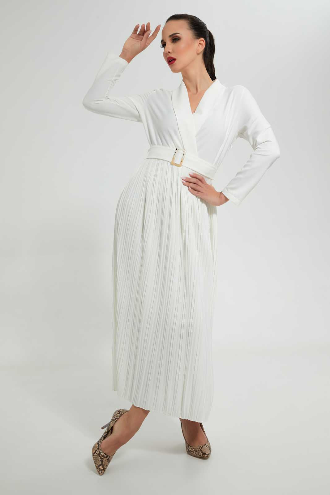 Redtag-Cream-Long-Dress-With-Belt-In-Longsleeves-Dresses--