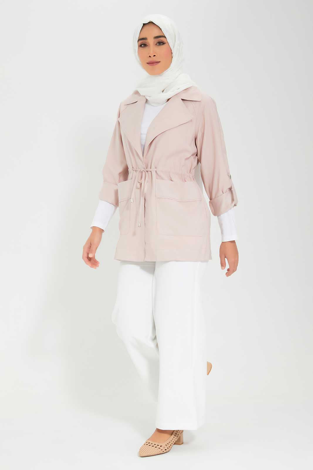 Redtag-Pink-Elasticated-Waist-Lapel-Collared-Jacket-Category:Cardigans,-Colour:Apricot,-Deals:New-In,-Filter:Women's-Clothing,-LMC,-New-In-Women-APL,-Non-Sale,-Section:Women,-W22O,-Women-Cardigans--