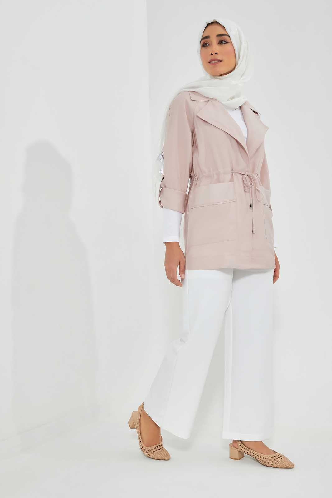 Redtag-Pink-Elasticated-Waist-Lapel-Collared-Jacket-Category:Cardigans,-Colour:Apricot,-Deals:New-In,-Filter:Women's-Clothing,-LMC,-New-In-Women-APL,-Non-Sale,-Section:Women,-W22O,-Women-Cardigans--