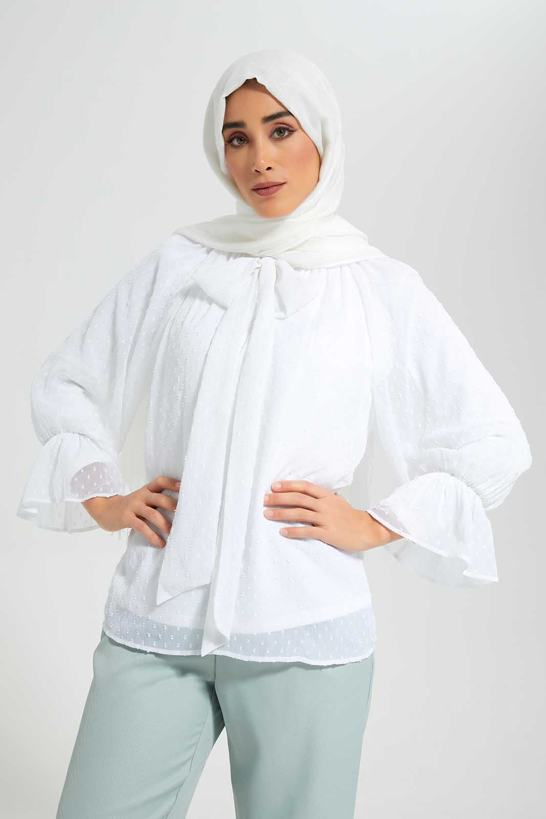 Redtag-Cream-Dobby-Tie-Neck-Lined-Blouse-Category:Blouses,-Colour:Cream,-Deals:New-In,-Filter:Women's-Clothing,-LMC,-New-In-Women-APL,-Non-Sale,-Section:Women,-W22O,-Women-Blouses--