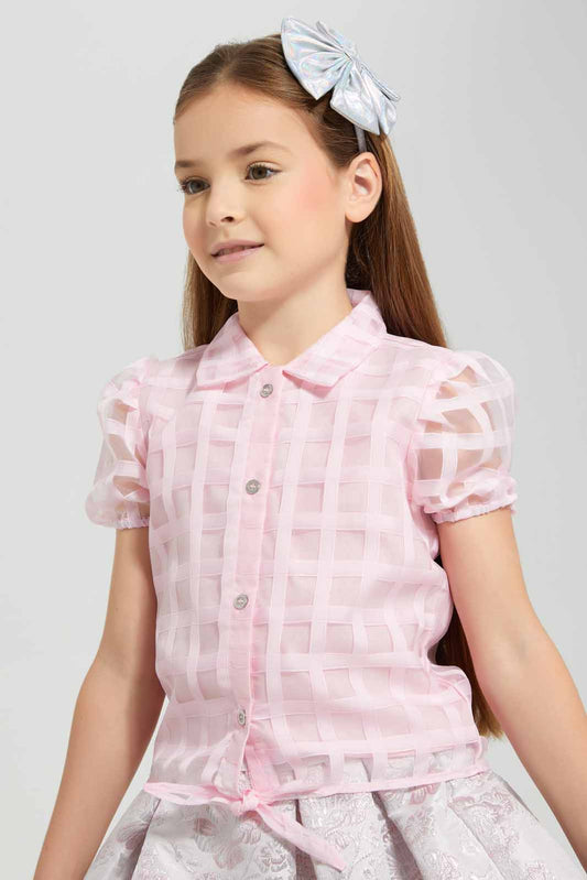 Redtag-Pink-Button-Front-Tie-Blouse-Pink-Category:Blouses,-Colour:Apricot,-Deals:New-In,-EID,-Filter:Girls-(2-to-8-Yrs),-GIR-Blouses,-New-In-GIR-APL,-Non-Sale,-Section:Girls-(0-to-14Yrs),-W22O-Girls-2 to 8 Years