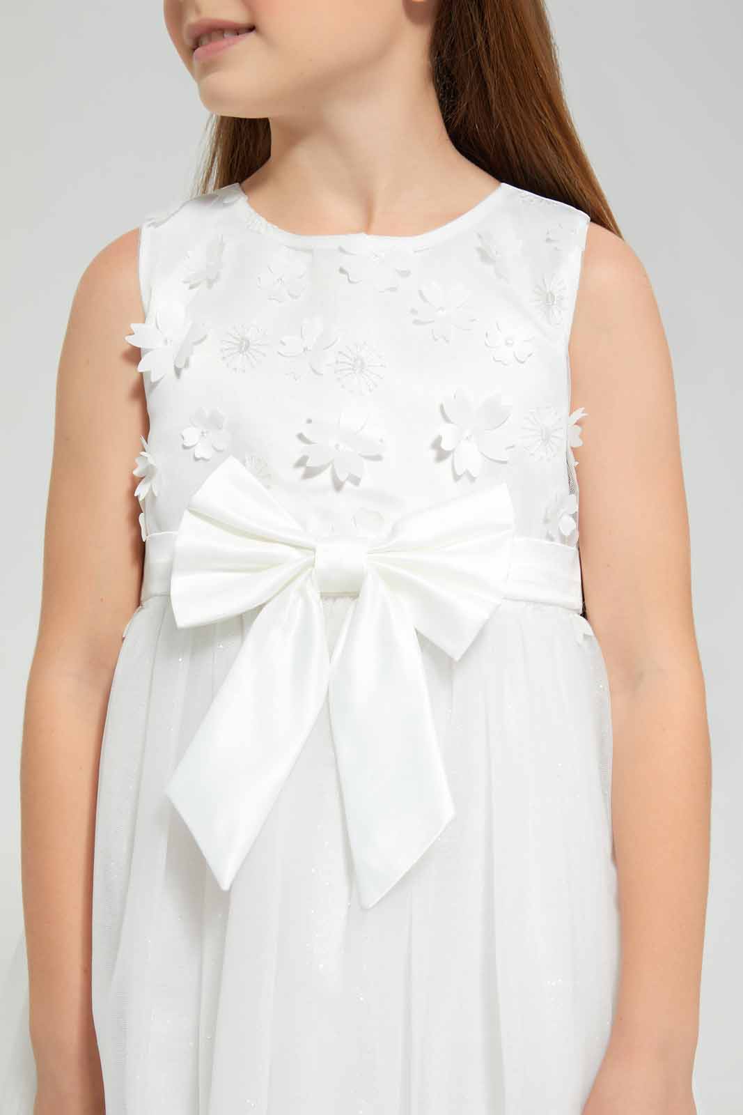 Redtag-White-Flower-Applique-&-Bow-Tulle-Dress-Category:Dresses,-Colour:White,-Deals:New-In,-EID,-Filter:Girls-(2-to-8-Yrs),-GIR-Dresses,-New-In-GIR-APL,-Non-Sale,-Section:Girls-(0-to-14Yrs),-W22O-Girls-2 to 8 Years