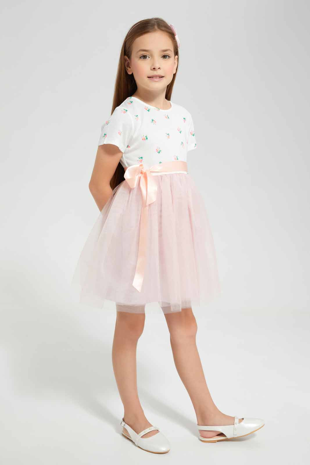 Redtag-Pink-Combo-Dress-Knit/Tulle-Category:Dresses,-Colour:Apricot,-Deals:New-In,-EID,-Filter:Girls-(2-to-8-Yrs),-GIR-Dresses,-New-In-GIR-APL,-Non-Sale,-Section:Girls-(0-to-14Yrs),-W22O-Girls-2 to 8 Years