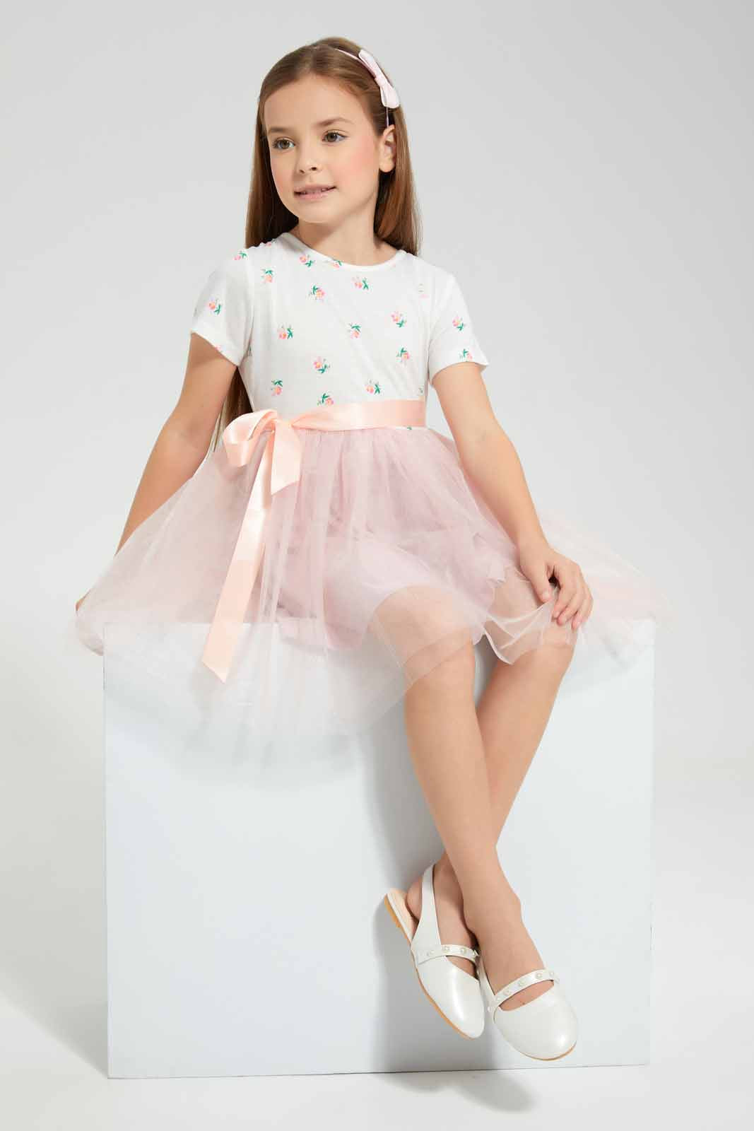 Redtag-Pink-Combo-Dress-Knit/Tulle-Category:Dresses,-Colour:Apricot,-Deals:New-In,-EID,-Filter:Girls-(2-to-8-Yrs),-GIR-Dresses,-New-In-GIR-APL,-Non-Sale,-Section:Girls-(0-to-14Yrs),-W22O-Girls-2 to 8 Years