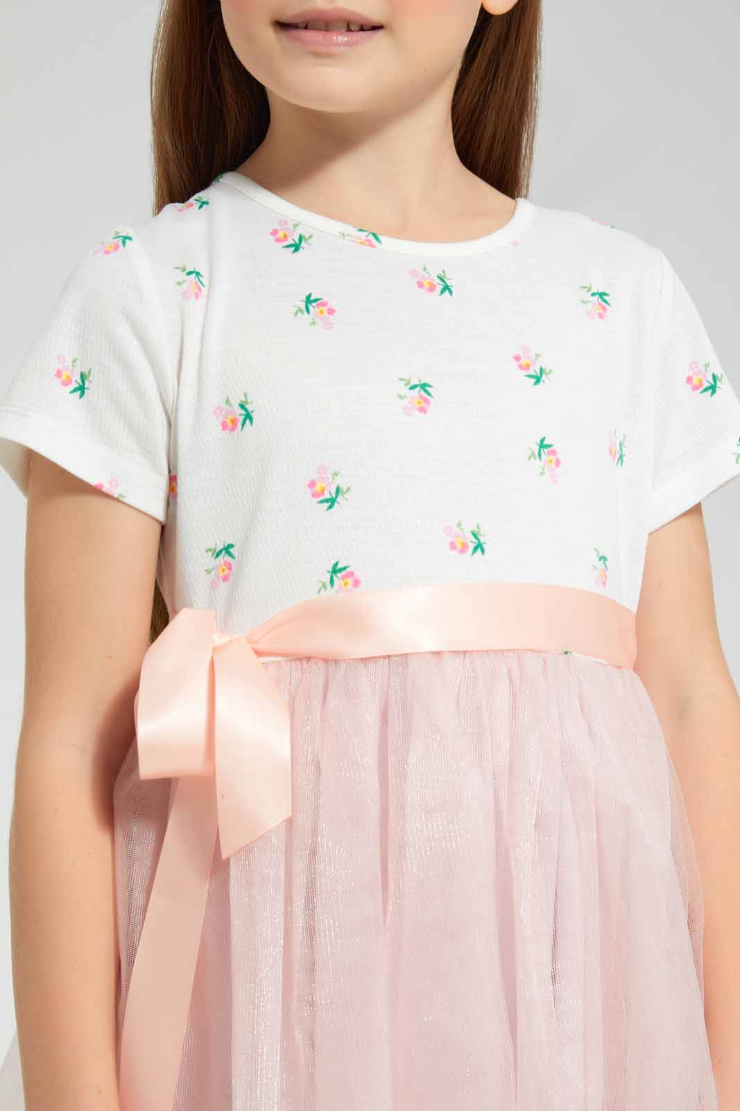 Redtag-Pink-Combo-Dress-Knit/Tulle-Category:Dresses,-Colour:Apricot,-Deals:New-In,-EID,-Filter:Girls-(2-to-8-Yrs),-GIR-Dresses,-New-In-GIR-APL,-Non-Sale,-Section:Girls-(0-to-14Yrs),-W22O-Girls-2 to 8 Years