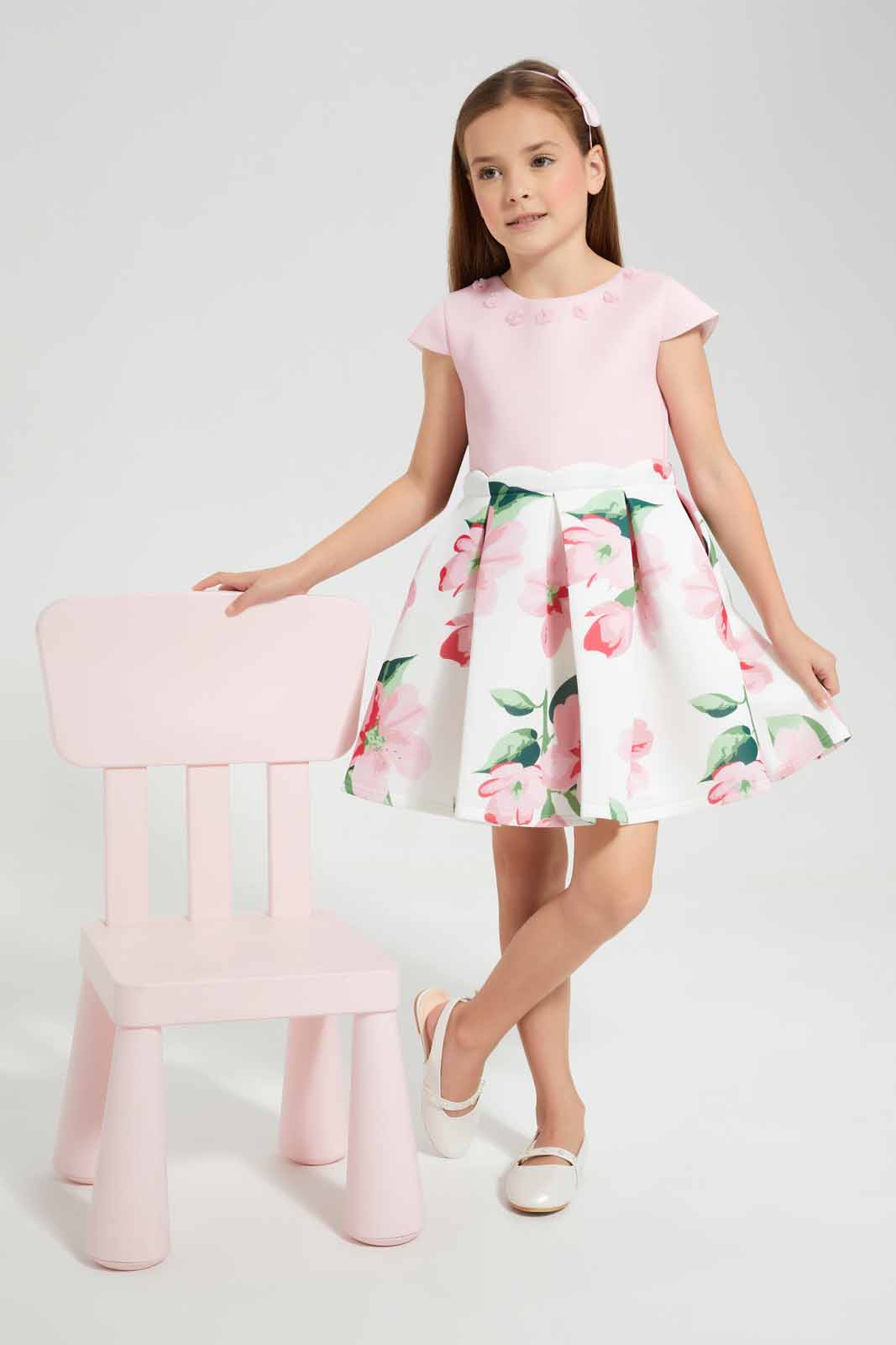 Redtag-Pink-Floral-Scuba-Dress-Category:Dresses,-Colour:Apricot,-Deals:New-In,-EID,-Filter:Girls-(2-to-8-Yrs),-GIR-Dresses,-New-In-GIR-APL,-Non-Sale,-Section:Girls-(0-to-14Yrs),-W22O-Girls-2 to 8 Years