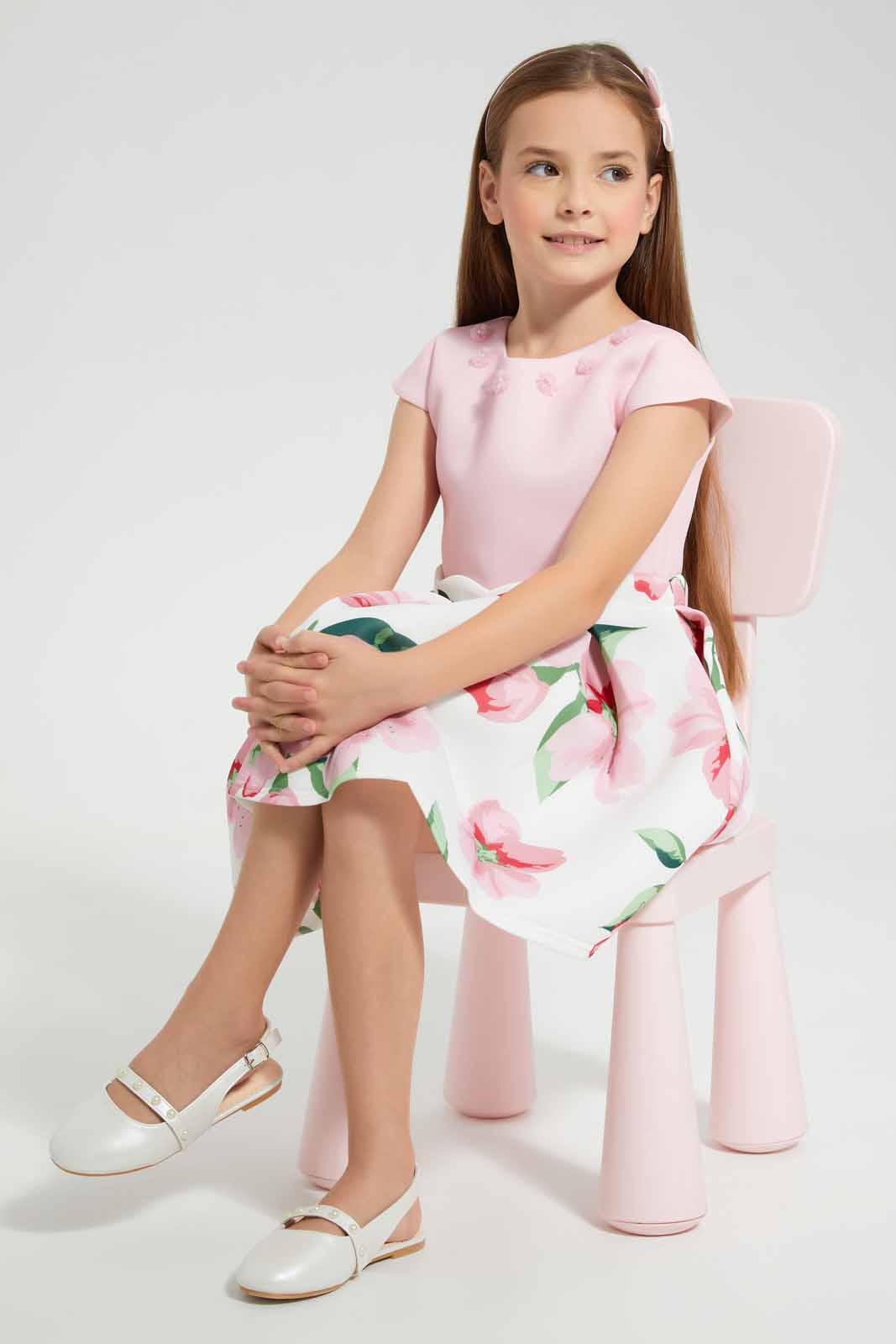 Redtag-Pink-Floral-Scuba-Dress-Category:Dresses,-Colour:Apricot,-Deals:New-In,-EID,-Filter:Girls-(2-to-8-Yrs),-GIR-Dresses,-New-In-GIR-APL,-Non-Sale,-Section:Girls-(0-to-14Yrs),-W22O-Girls-2 to 8 Years