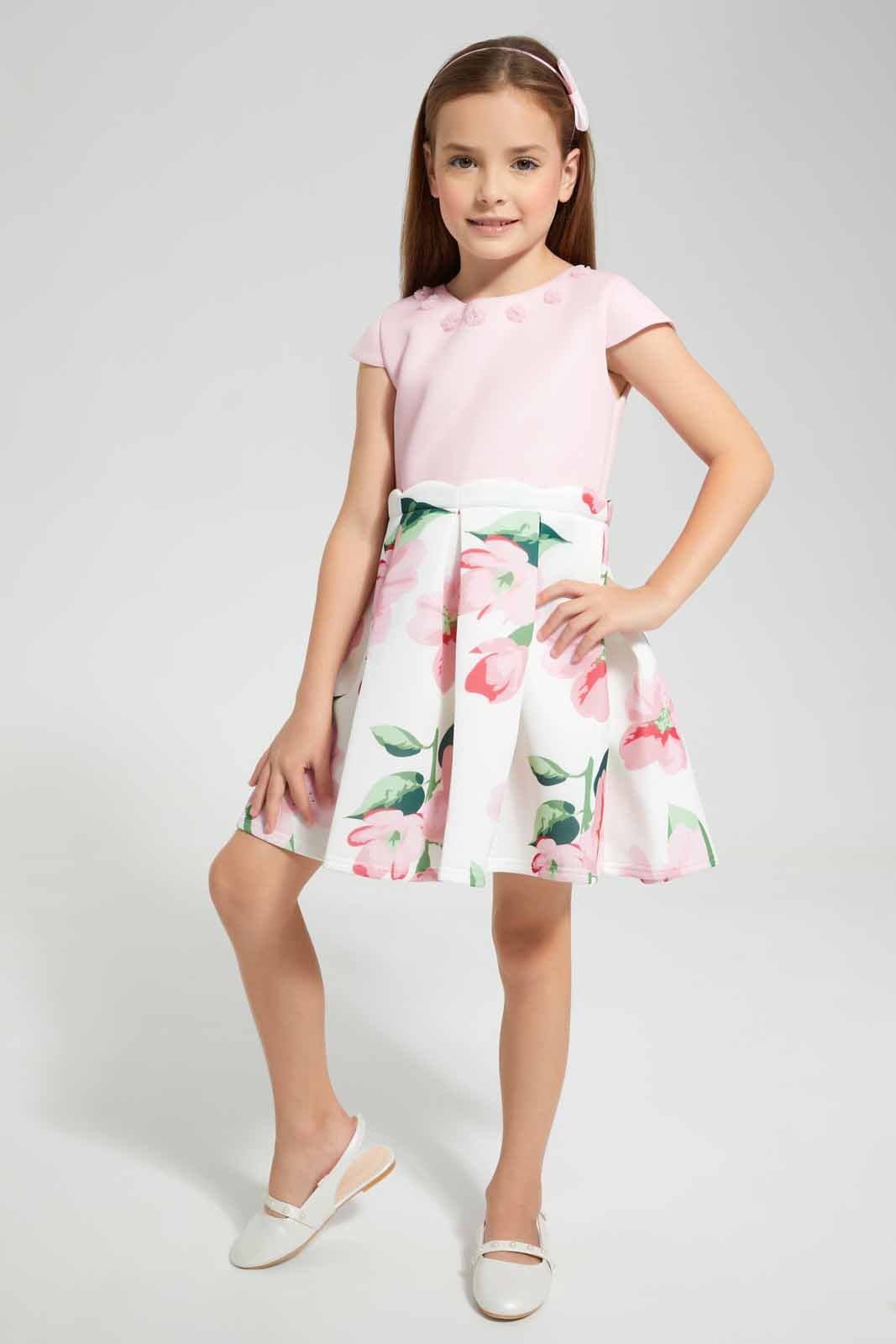 Redtag-Pink-Floral-Scuba-Dress-Category:Dresses,-Colour:Apricot,-Deals:New-In,-EID,-Filter:Girls-(2-to-8-Yrs),-GIR-Dresses,-New-In-GIR-APL,-Non-Sale,-Section:Girls-(0-to-14Yrs),-W22O-Girls-2 to 8 Years