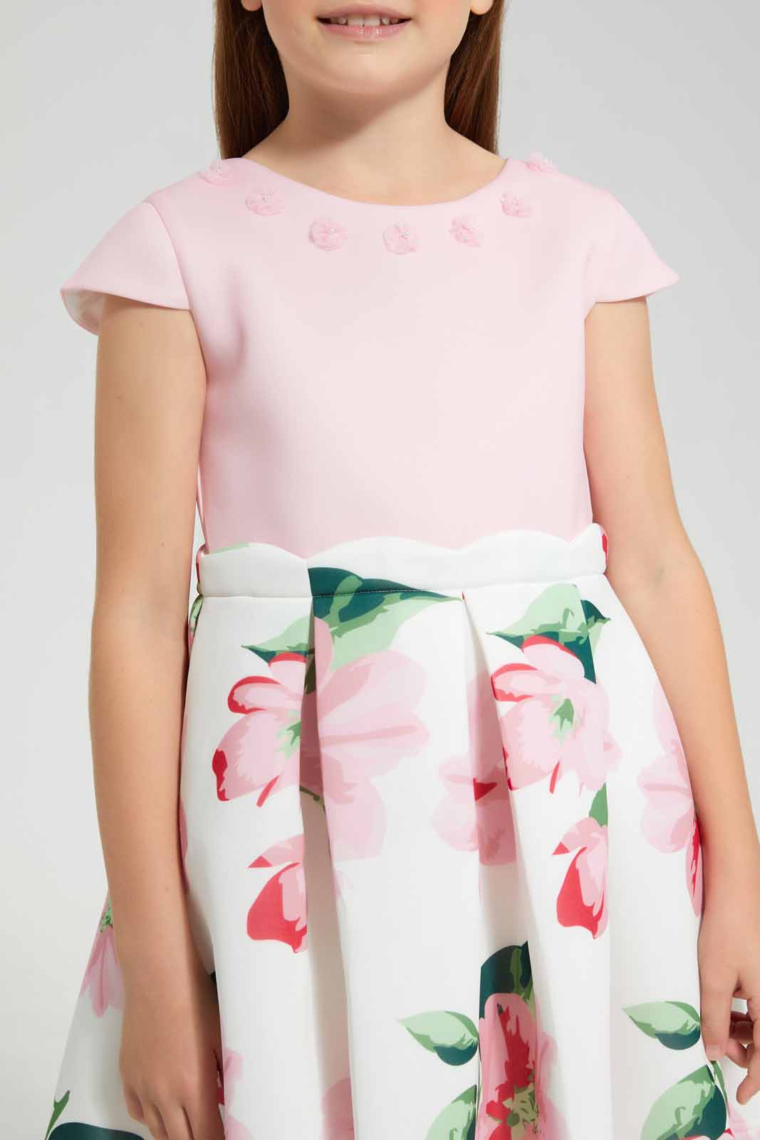 Redtag-Pink-Floral-Scuba-Dress-Category:Dresses,-Colour:Apricot,-Deals:New-In,-EID,-Filter:Girls-(2-to-8-Yrs),-GIR-Dresses,-New-In-GIR-APL,-Non-Sale,-Section:Girls-(0-to-14Yrs),-W22O-Girls-2 to 8 Years