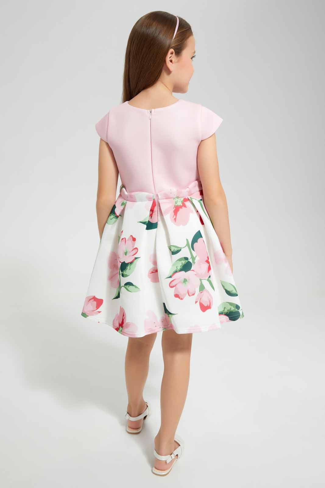 Redtag-Pink-Floral-Scuba-Dress-Category:Dresses,-Colour:Apricot,-Deals:New-In,-EID,-Filter:Girls-(2-to-8-Yrs),-GIR-Dresses,-New-In-GIR-APL,-Non-Sale,-Section:Girls-(0-to-14Yrs),-W22O-Girls-2 to 8 Years