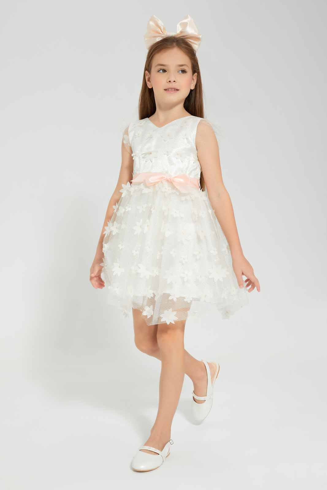 Redtag-White-Mesh-Floral-Applique-Dress-White-Gold-Category:Dresses,-Colour:White,-Deals:New-In,-EID,-Filter:Girls-(2-to-8-Yrs),-GIR-Dresses,-New-In-GIR-APL,-Non-Sale,-Section:Girls-(0-to-14Yrs),-W22O-Girls-2 to 8 Years