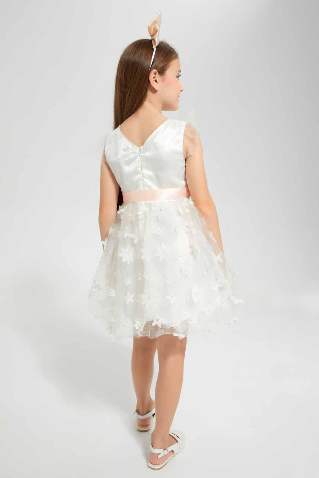 Redtag-White-Mesh-Floral-Applique-Dress-White-Gold-Category:Dresses,-Colour:White,-Deals:New-In,-EID,-Filter:Girls-(2-to-8-Yrs),-GIR-Dresses,-New-In-GIR-APL,-Non-Sale,-Section:Girls-(0-to-14Yrs),-W22O-Girls-2 to 8 Years