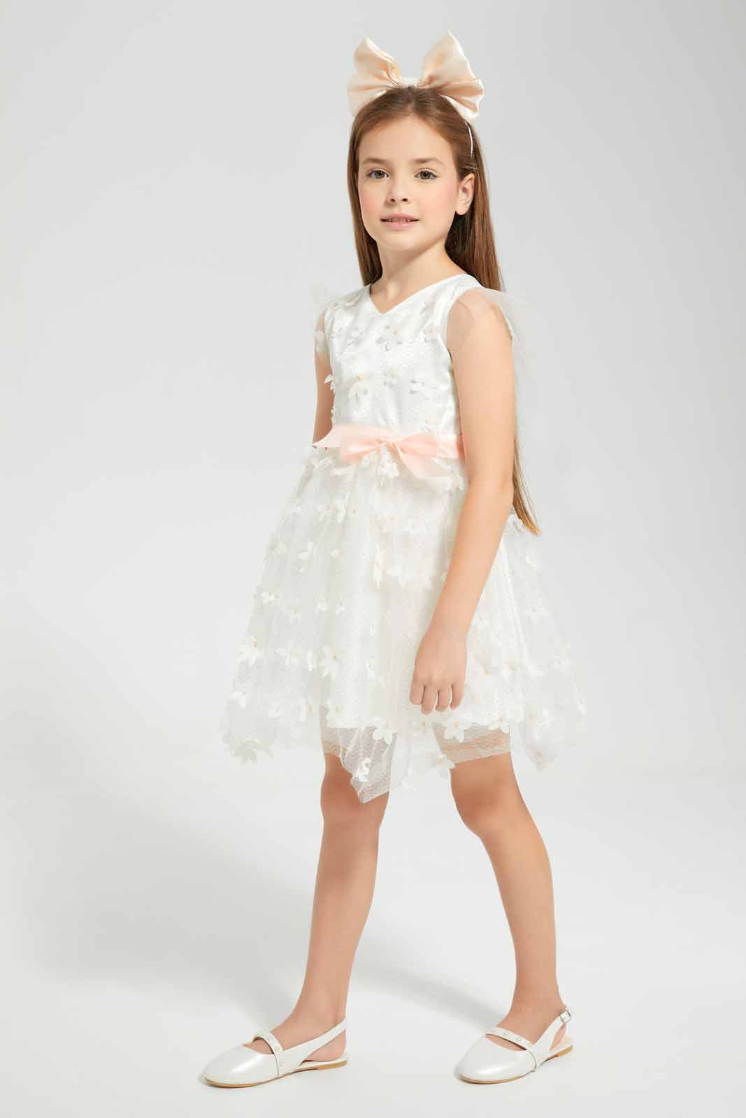 Redtag-White-Mesh-Floral-Applique-Dress-White-Gold-Category:Dresses,-Colour:White,-Deals:New-In,-EID,-Filter:Girls-(2-to-8-Yrs),-GIR-Dresses,-New-In-GIR-APL,-Non-Sale,-Section:Girls-(0-to-14Yrs),-W22O-Girls-2 to 8 Years
