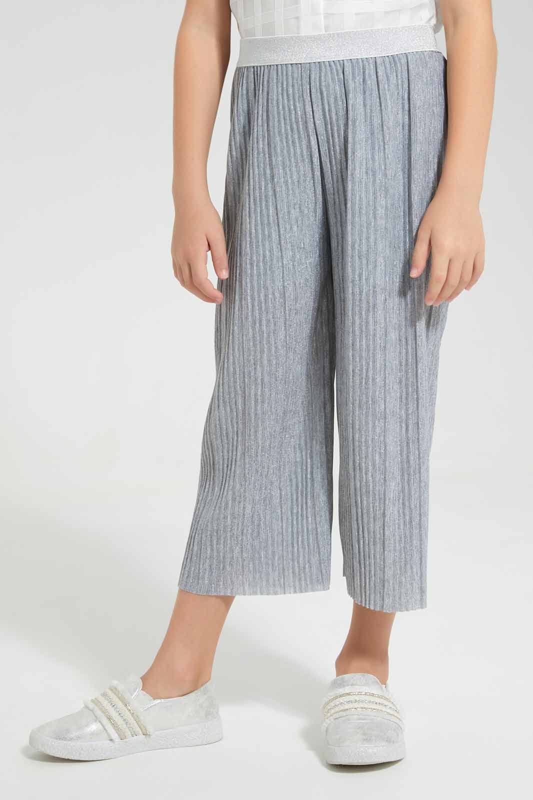 Redtag-Grey-Knit-Plisse-Pants-With-Glitter-Elasticated-Waistband-Category:Trousers,-Colour:Grey,-Deals:New-In,-EID,-Filter:Girls-(2-to-8-Yrs),-GIR-Trousers,-New-In-GIR-APL,-Non-Sale,-Section:Girls-(0-to-14Yrs),-W22O-Girls-2 to 8 Years