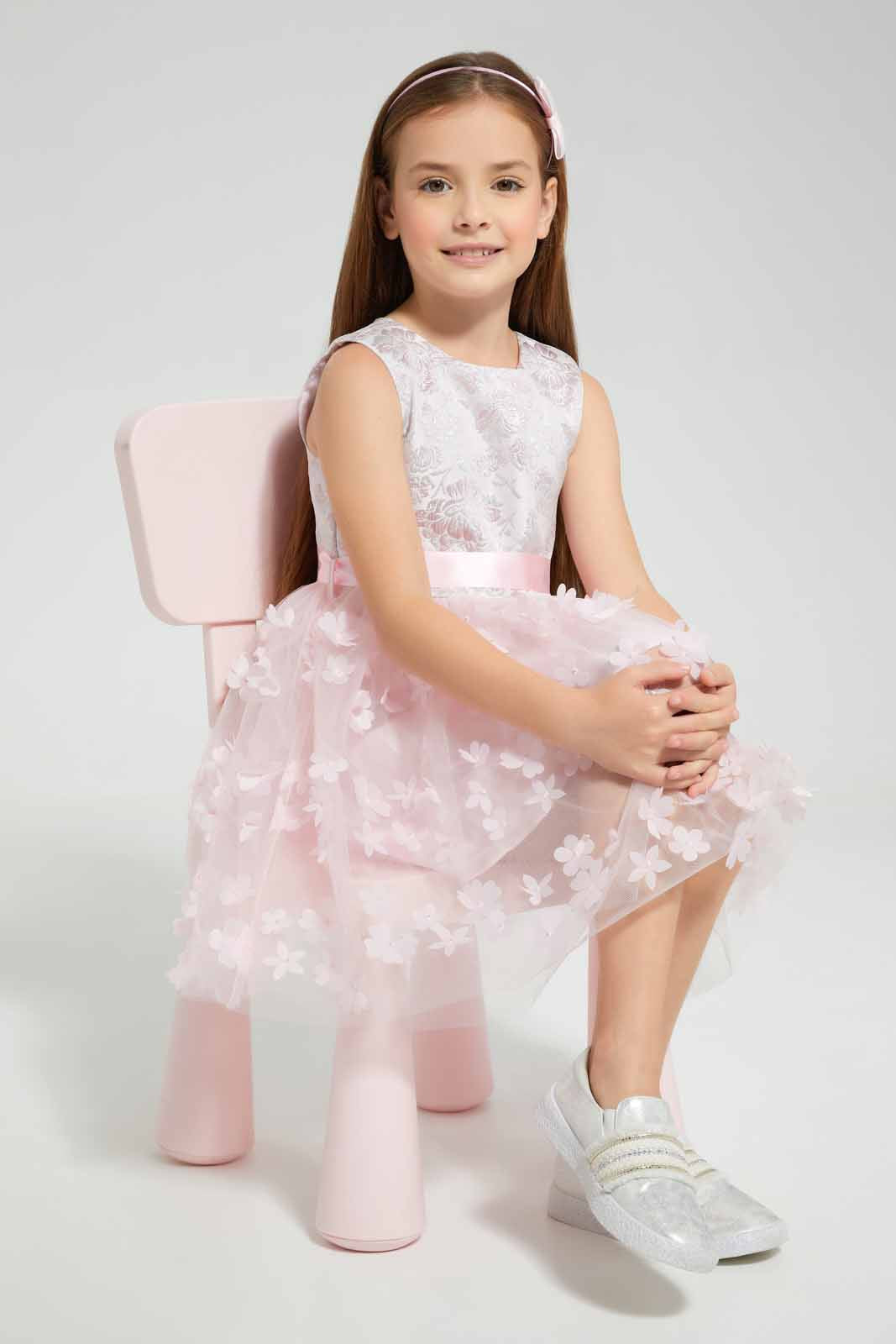 Redtag-Peach-Floral-Applique-Peach-Dress-Category:Dresses,-Colour:Apricot,-Deals:New-In,-EID,-Filter:Girls-(2-to-8-Yrs),-GIR-Dresses,-New-In-GIR-APL,-Non-Sale,-Section:Girls-(0-to-14Yrs),-W22O-Girls-2 to 8 Years
