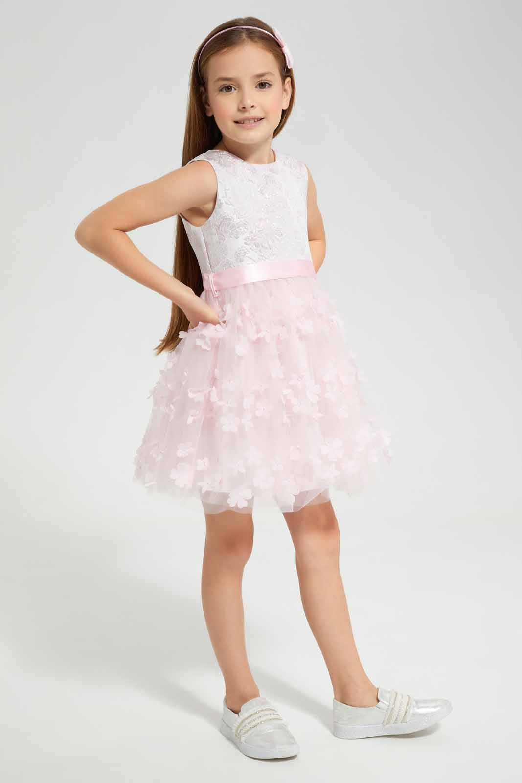 Redtag-Peach-Floral-Applique-Peach-Dress-Category:Dresses,-Colour:Apricot,-Deals:New-In,-EID,-Filter:Girls-(2-to-8-Yrs),-GIR-Dresses,-New-In-GIR-APL,-Non-Sale,-Section:Girls-(0-to-14Yrs),-W22O-Girls-2 to 8 Years