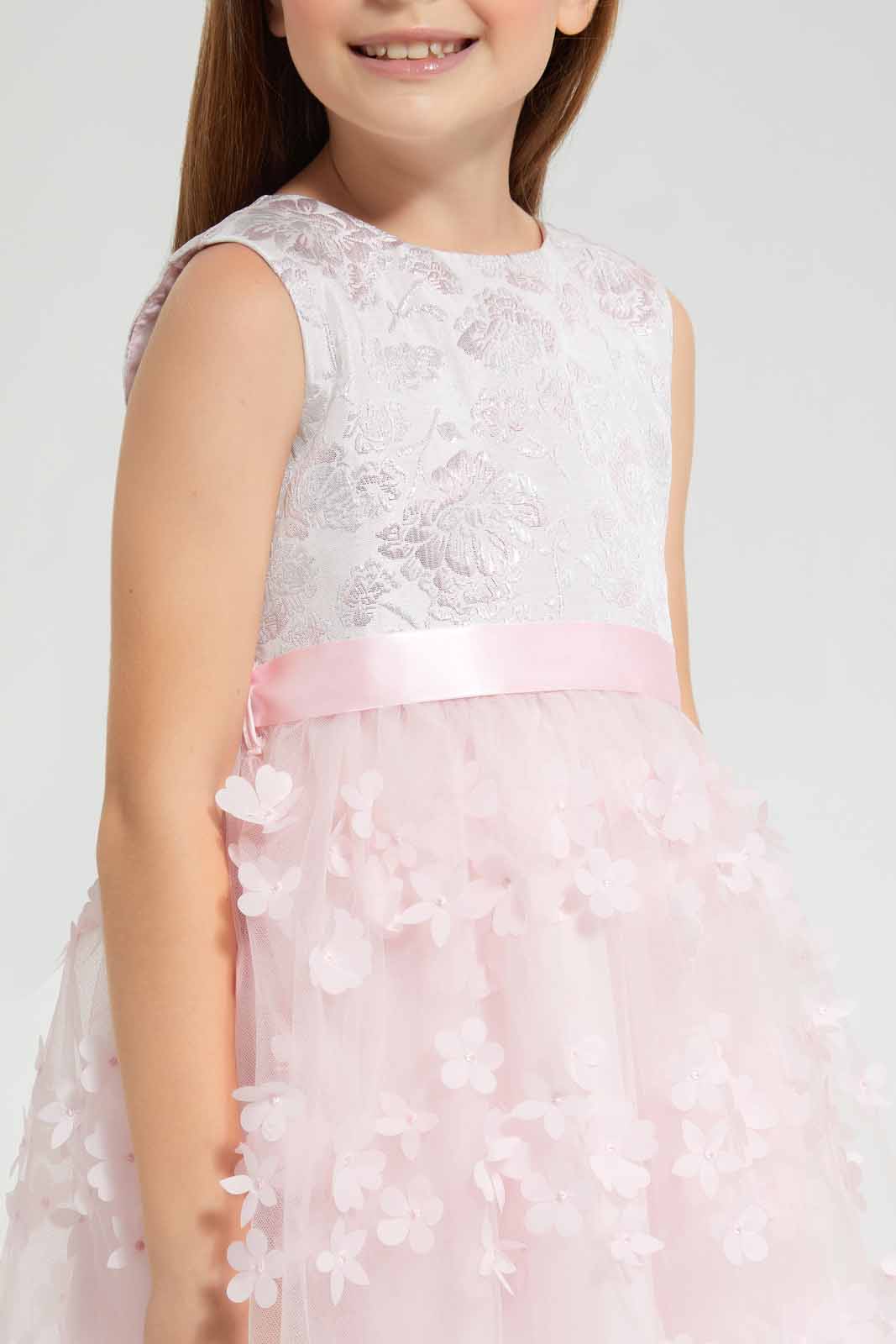 Redtag-Peach-Floral-Applique-Peach-Dress-Category:Dresses,-Colour:Apricot,-Deals:New-In,-EID,-Filter:Girls-(2-to-8-Yrs),-GIR-Dresses,-New-In-GIR-APL,-Non-Sale,-Section:Girls-(0-to-14Yrs),-W22O-Girls-2 to 8 Years