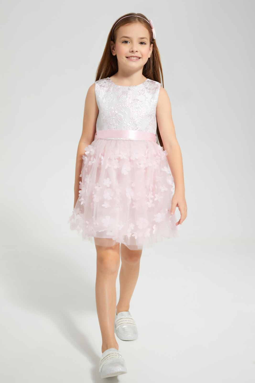 Redtag-Peach-Floral-Applique-Peach-Dress-Category:Dresses,-Colour:Apricot,-Deals:New-In,-EID,-Filter:Girls-(2-to-8-Yrs),-GIR-Dresses,-New-In-GIR-APL,-Non-Sale,-Section:Girls-(0-to-14Yrs),-W22O-Girls-2 to 8 Years