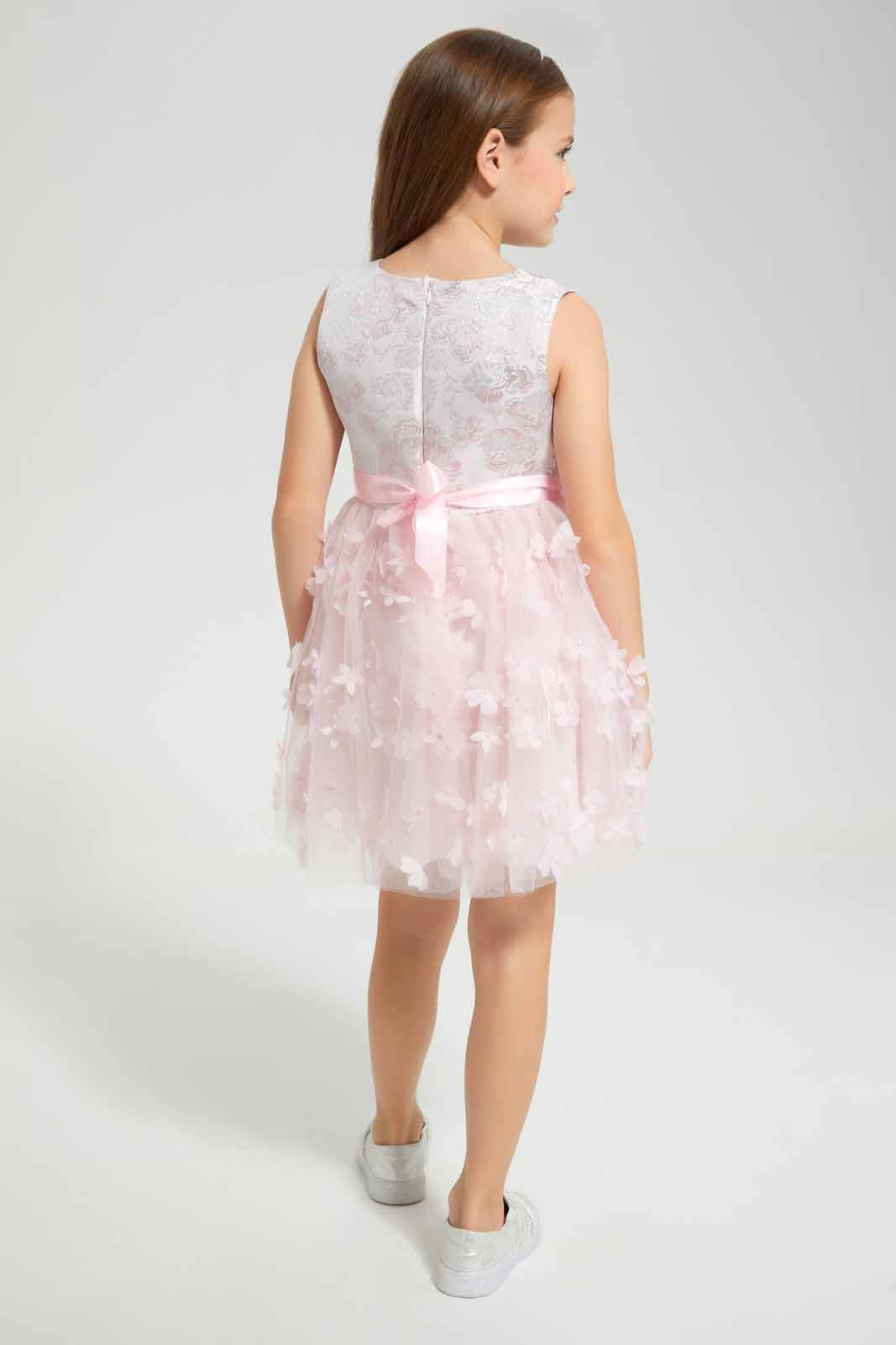 Redtag-Peach-Floral-Applique-Peach-Dress-Category:Dresses,-Colour:Apricot,-Deals:New-In,-EID,-Filter:Girls-(2-to-8-Yrs),-GIR-Dresses,-New-In-GIR-APL,-Non-Sale,-Section:Girls-(0-to-14Yrs),-W22O-Girls-2 to 8 Years