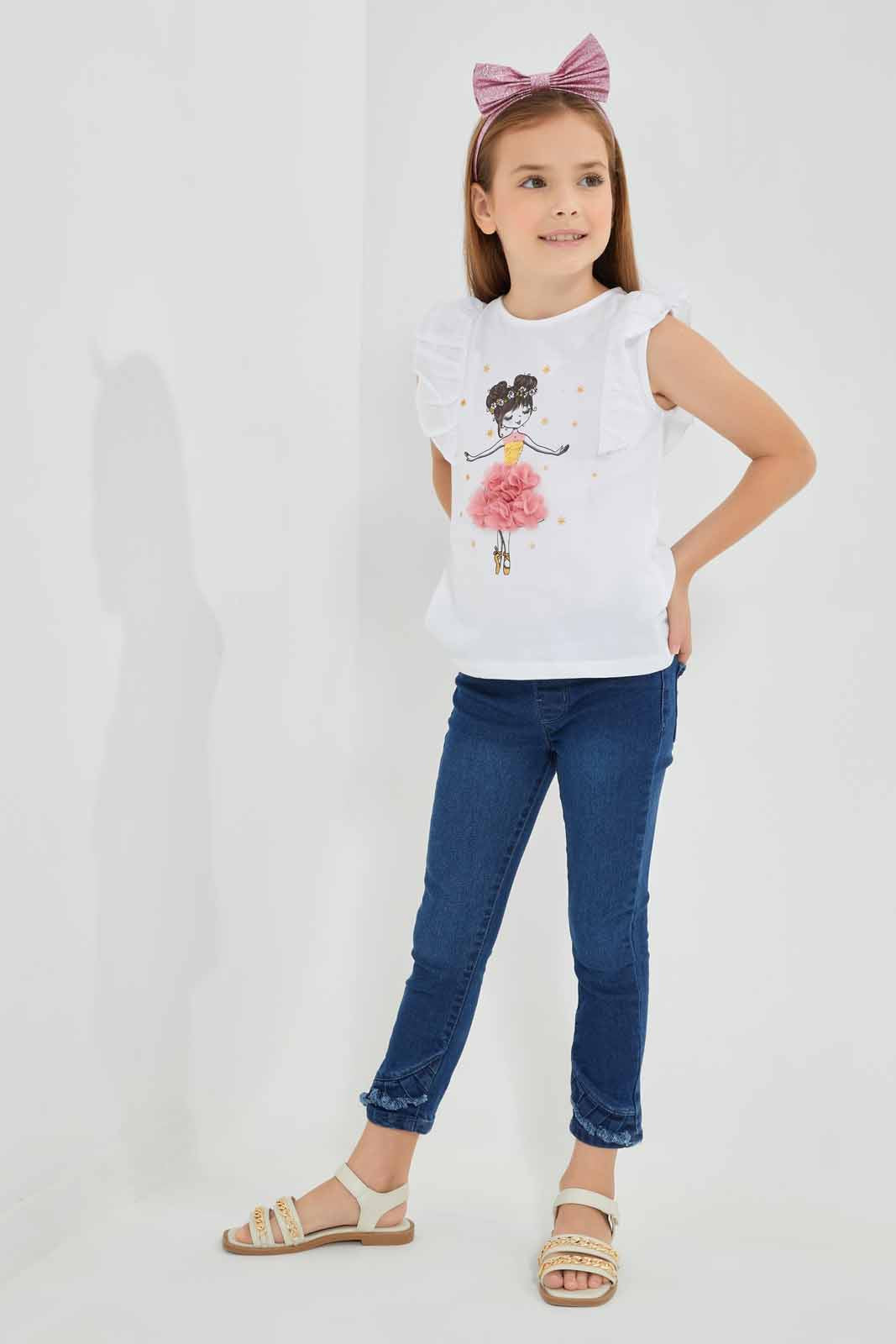 Redtag-White-Applique-Tee-With-Ruffle-Detail-Category:T-Shirts,-Colour:White,-Deals:New-In,-EID,-Filter:Girls-(2-to-8-Yrs),-GIR-T-Shirts,-New-In-GIR-APL,-Non-Sale,-Section:Girls-(0-to-14Yrs),-W22O-Girls-2 to 8 Years