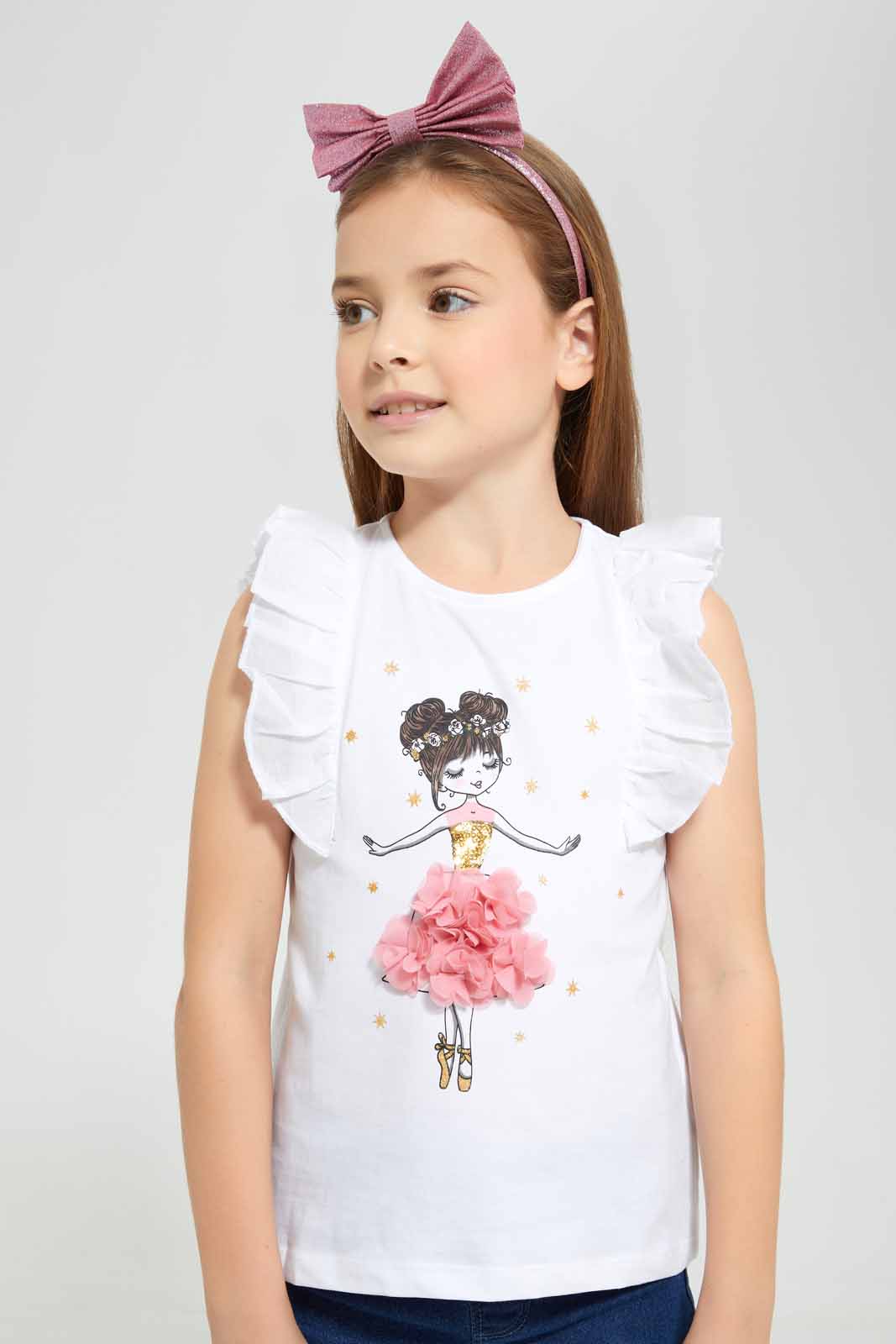Redtag-White-Applique-Tee-With-Ruffle-Detail-Category:T-Shirts,-Colour:White,-Deals:New-In,-EID,-Filter:Girls-(2-to-8-Yrs),-GIR-T-Shirts,-New-In-GIR-APL,-Non-Sale,-Section:Girls-(0-to-14Yrs),-W22O-Girls-2 to 8 Years